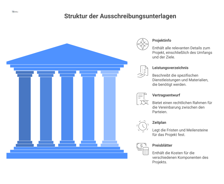 Infografik, die die Struktur von Ausschreibungsunterlagen für einen Büroausbau mit den Hauptkategorien Projektinfo, Leistungsverzeichnis, Vertragsentwurf, Zeitplan und Preisblätter darstellt.