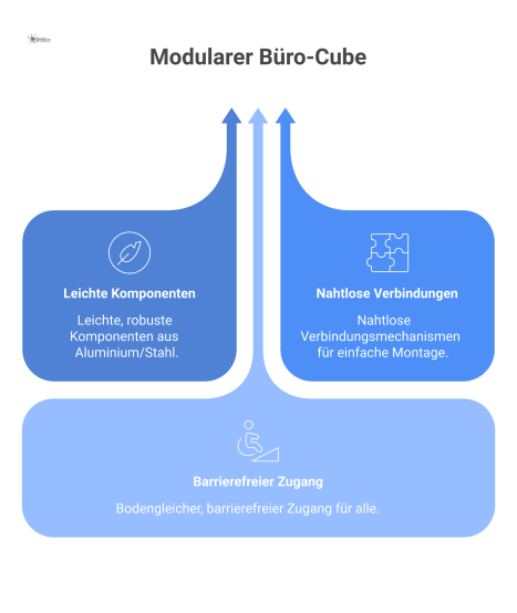 Technische Infografik eines modularen Büro-Cubes in Explosionsdarstellung, die leichte Komponenten, Verbindungsmechanismen und den barrierefreien Zugang zeigt. 