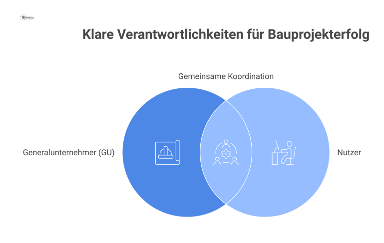 Diagramm zur Abgrenzung von Verantwortlichkeiten zwischen Generalunternehmer, Nutzer und deren gemeinsamer Koordination für Integration und Transport in einem Bauprojekt. 