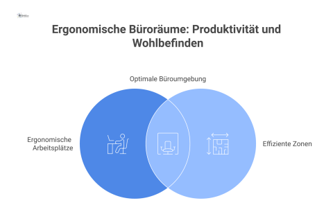 Infografik eines ergonomischen Bürogrundrisses mit Arbeitsplätzen, Konzentrations- und Kommunikationszonen sowie Fluchtwegen nach ASR-Richtlinien.