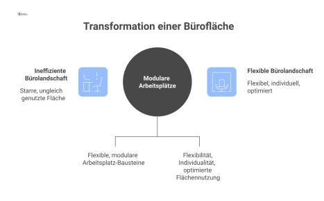 Diagramm, das die Transformation einer starren, ineffizienten Bürofläche zu einem flexiblen, modularen System mit optimierter Flächennutzung zeigt.