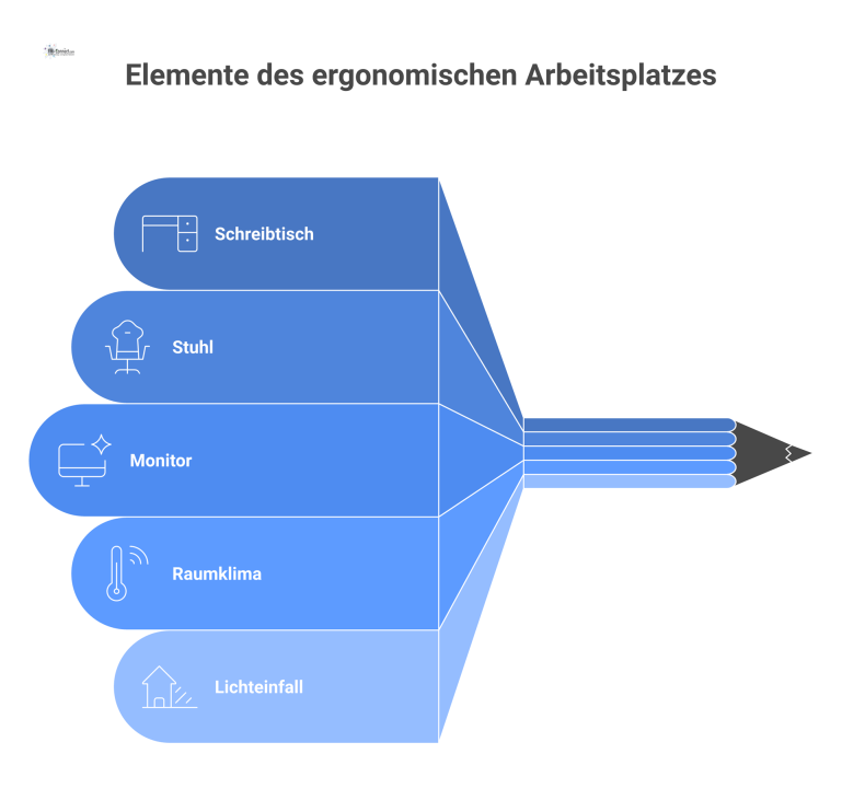 Der ideale ergonomische Büroarbeitsplatz Infografik eines ergonomischen Büroarbeitsplatzes mit höhenverstellbarem Schreibtisch, Stuhl und Icons für Raumklima, Lichteinfall und Flächenmaßen.
