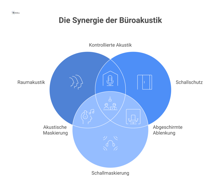  Infografik, die von einem zentralen Element 'Büro' ausgeht und die vier Säulen der Büroakustik erklärt: Raumakustik, Schallschutz, Schallmaskierung, Psychoakustik.