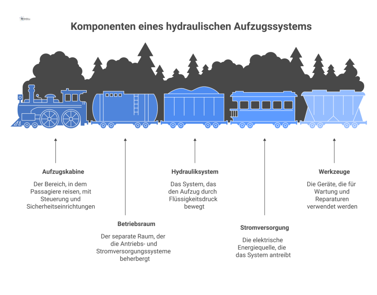  Schnittzeichnung eines hydraulischen Aufzugssystems mit Kabine samt Steuerung und dem separaten Betriebsraum mit Antrieb und Stromversorgung als Infografik.