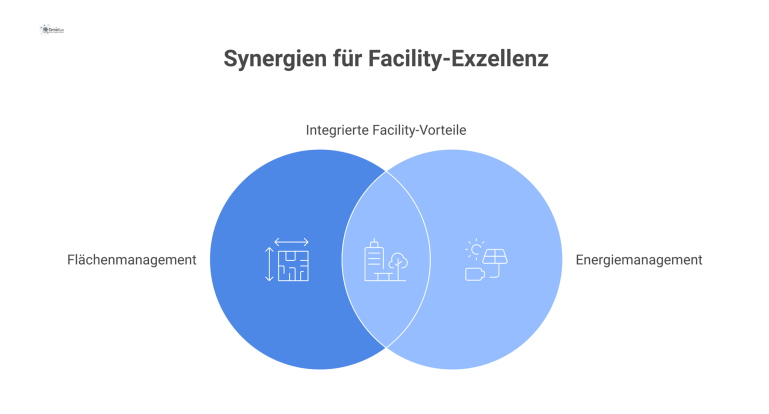  Infografik mit zwei Zahnrädern für Flächen- und Energiemanagement, die auf die Vorteile Nachhaltigkeit, Kostenoptimierung und Nutzerkomfort verweisen.