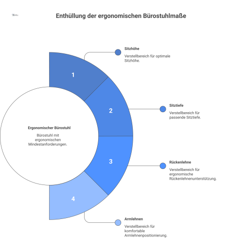 Technische Zeichnung eines ergonomischen Bürostuhls mit beschrifteten Maßlinien für Sitzhöhe, Sitztiefe, Rückenlehne und Armlehnen nach ergonomischen Mindestanforderungen. 