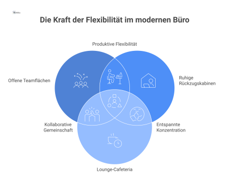  Infografik eines modernen Multispace-Büros mit verschiedenen Zonen wie offenen Teamflächen, Rückzugskabinen, Lounge und einem Kreativraum für flexibles Arbeiten.