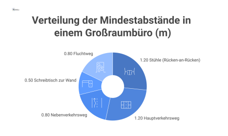 Infografik als technischer Grundriss eines Großraumbüros, der die Mindestabstände für Stühle, Verkehrswege, Fluchtwege und Wände mit Maßpfeilen visualisiert. 