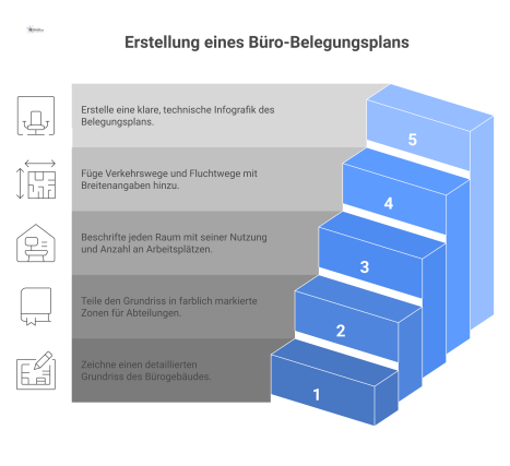  Detaillierter Grundriss eines Bürogebäudes mit farblich markierten Abteilungszonen, beschrifteten Räumen, Arbeitsplätzen und eingezeichneten Fluchtwegen. 