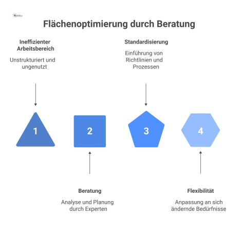 Infografik, die den Prozess der Flächenoptimierung von einem ineffizienten Zustand zu einem standardisierten, flexiblen Arbeitsbereich mit positiven Ergebnissen zeigt.