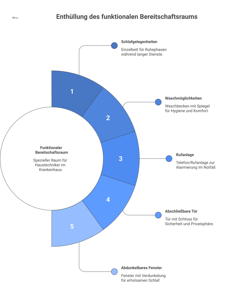 Infografik eines funktionalen Bereitschaftsraums für einen Haustechniker mit Bett, Schrank, Stuhl, Waschbecken und Rufanlage zur Alarmierung. 