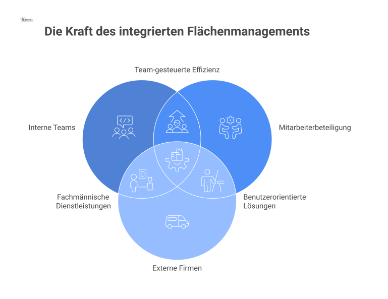 Infografik zum Flächenmanagement Eine Mindmap zum Flächenmanagement mit den verbundenen Schlüsselbereichen wie Zusammenarbeit, Mitarbeiterbeteiligung, Barrierefreiheit, Kosteneffizienz und Arbeitsschutz.