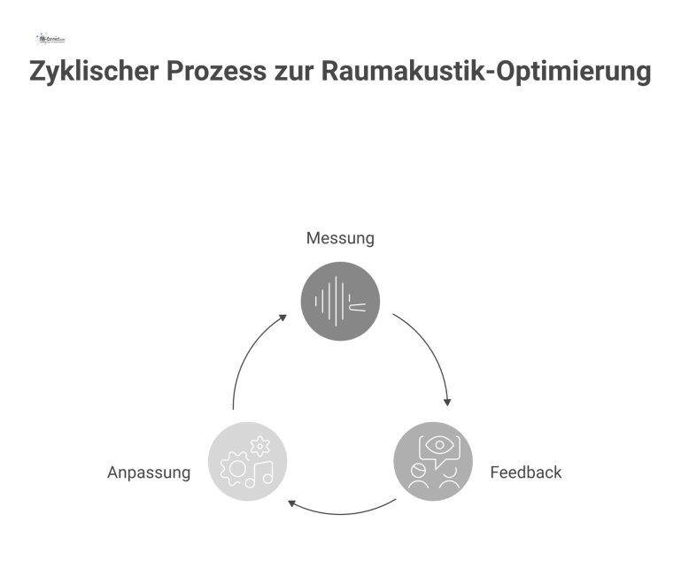 Infografik eines zyklischen Prozesses zur Raumakustik-Optimierung, bestehend aus den drei Phasen Messung, Feedback und Anpassung, die kreisförmig angeordnet sind.
