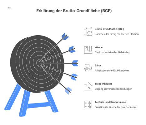 Gebäude-Grundriss zur Erklärung der Brutto-Grundfläche. Farbige Flächen wie Büros und Wände zählen zur BGF, weiße Innenhöfe nicht. 