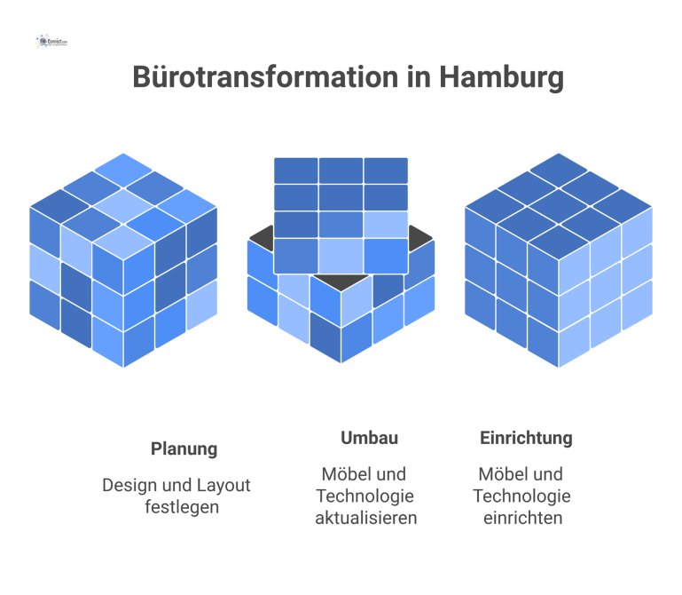 Eine Serie von Bildern, die ein Hamburger Büro im direkten Vergleich vor und nach der modernen Umgestaltung zeigt.