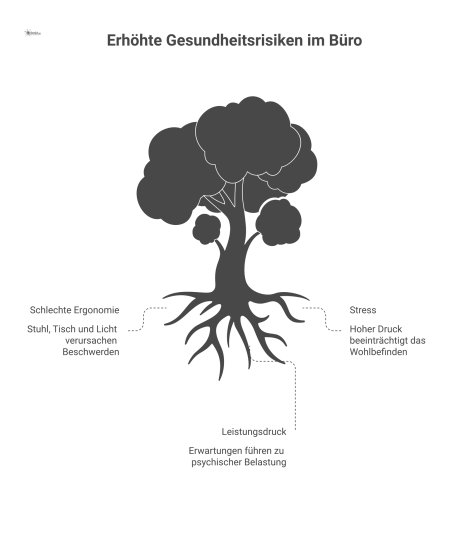 Infografik einer Person am Arbeitsplatz, auf die Ursachen wie Stress und schlechte Ergonomie einwirken und Folgen wie Rückenschmerzen verursachen.