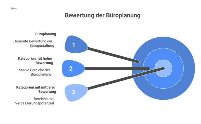 Bewertung der Büroplanung Balkendiagramm zur Bewertung einer Büroplanung, das Stärken wie Flächenqualität und Potenziale wie Rückzugsräume in grünen und gelben Kategorien darstellt.