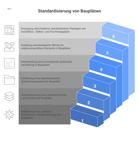 Diagramm einer zentralen CAD-Richtlinie mit Regeln für Layer, Dateinamen und Blöcke, die standardisierte Architektur- und Elektropläne hervorbringt.