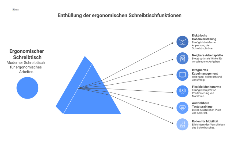 Technische Infografik eines ergonomischen Schreibtisches, die dessen Schlüsselfunktionen wie Höhenverstellung, neigbare Platte und Kabelmanagement mit Pfeilen hervorhebt.