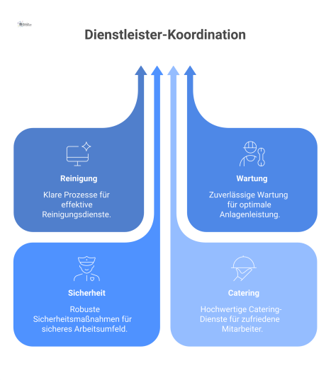 Diagramm eines zentralen Arbeitsplatzmanagers, der über Pfeile mit den Dienstleistern Reinigung, Wartung, Sicherheit und Catering zur Koordination verbunden ist. 