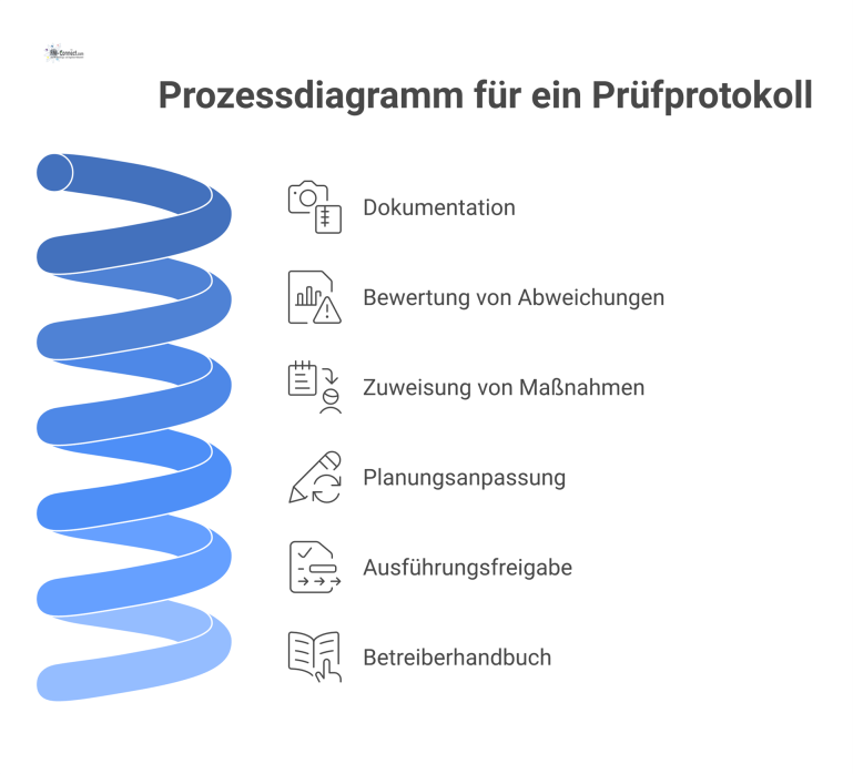 Prozessdiagramm, das den Ablauf eines Prüfprotokolls von der Dokumentation über die Bewertung von Abweichungen bis zur finalen Planungsanpassung zeigt.