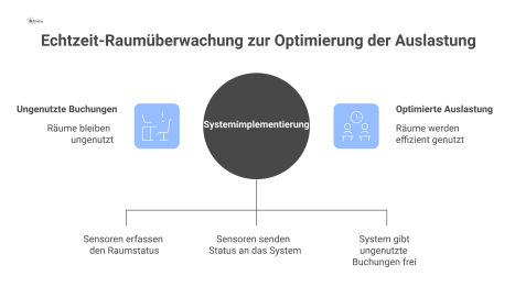 Systemdiagramm zeigt Büroräume mit Sensoren, die Belegungsdaten an ein zentrales System senden, welches ungenutzte Buchungen automatisch freigibt. 