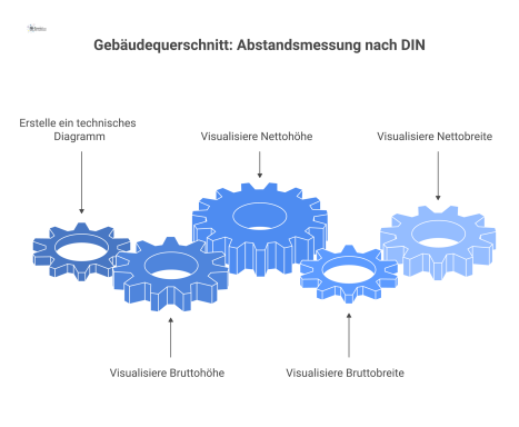Technisches Diagramm eines Gebäudequerschnitts, das die Abstandsmessung mit Bruttohöhe, Nettohöhe, Bruttobreite und Nettobreite nach DIN EN 15221 erklärt.