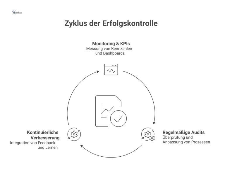 Zyklus-Diagramm, das die drei Phasen der Erfolgskontrolle darstellt: Monitoring & KPIs, Regelmäßige Audits und Kontinuierliche Verbesserung. 