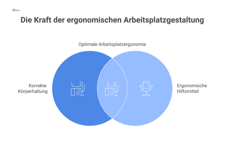 Infografik einer Person am Schreibtisch in korrekter ergonomischer Haltung mit Markierungen für 90°-Ellenbogen, gerade Handgelenke und Augenhöhe. 