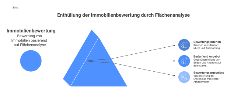 Immobilienbewertung als Flächenanalyse Infografik einer Immobilienbewertung als Tabelle, die Bedarf und Angebot gegenüberstellt und die Eignung mit einem Ampelsystem visualisiert.