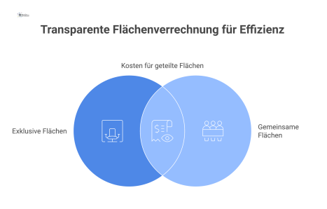 Flussdiagramm zur internen Flächenverrechnung, das den Kostenfluss für Flächen an Organisationseinheiten mittels Pfeilen und Icons visualisiert.