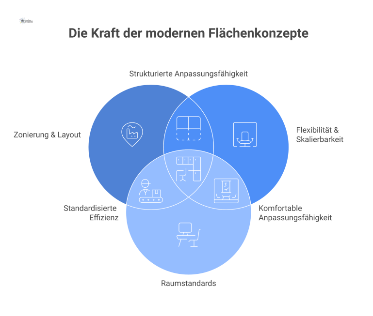 Diagramm eines modernen Flächenkonzepts, das auf drei Pfeilern basiert: Zonierung und Layout, Flexibilität und Skalierbarkeit sowie einheitliche Raumstandards.