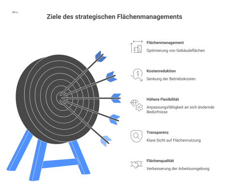 Infografik über Flächenmanagement mit einer zentralen Steuerungseinheit, die auf Ziele wie Kostenreduktion, Flexibilität, Transparenz und Flächenqualität verweist.