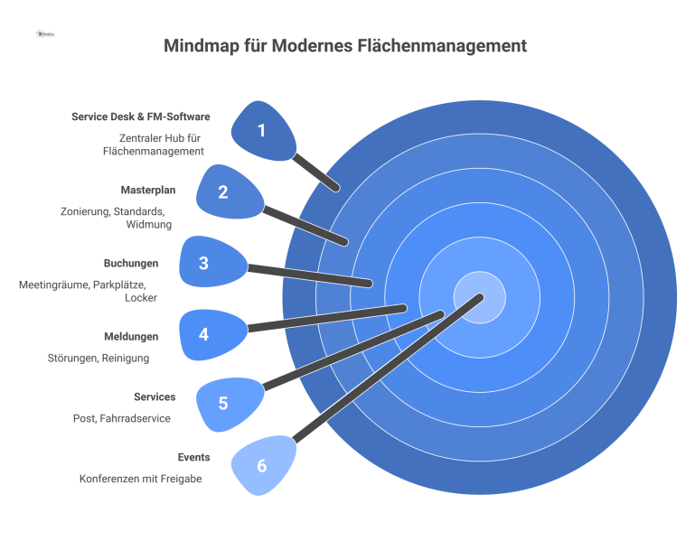  Eine Mindmap über modernes Flächenmanagement mit dem zentralen Hub 'Service Desk & FM-Software' und den Ästen Masterplan, Buchungen, Meldungen, Services und Events.