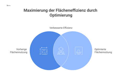 Vorher-Nachher-Diagramm zur Flächenoptimierung. Zuvor ineffiziente Anordnung mit langen Wegen, danach logische Gliederung mit kurzen, direkten Arbeitswegen.