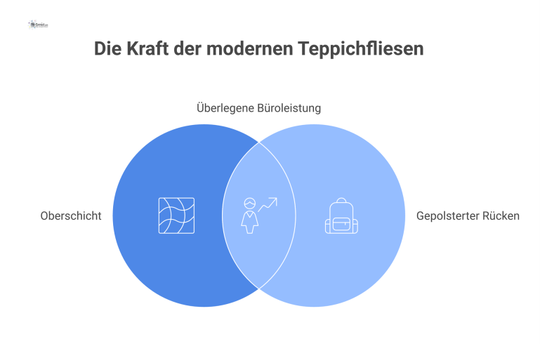 Querschnitt einer modernen Teppichfliese Querschnitt einer modernen Büro-Teppichfliese, der die Oberschicht aus Garn, den recycelten Rücken und Vorteile wie Haltbarkeit und Komfort zeigt.