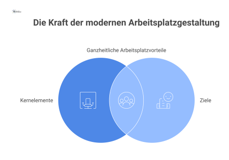  Infografik als Flussdiagramm, das Kernelemente einer modernen Arbeitsumgebung wie Ergonomie und flexible Räume mit Zielen wie Produktivität und Wohlbefinden verbindet.