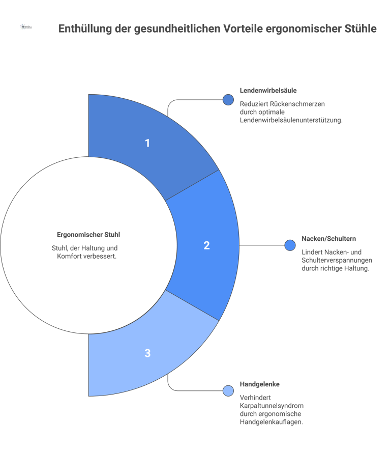 Gesundheitliche Vorteile eines ergonomischen Stuhls Infografik einer Person mit korrekter Haltung auf einem ergonomischen Stuhl, die die Vorteile für Lendenwirbelsäule, Nacken und Handgelenke zeigt.