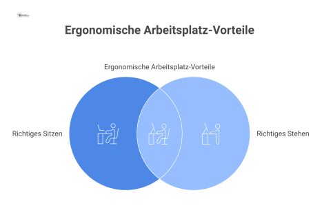 Infografik, die die korrekte Körperhaltung an einem ergonomischen Arbeitsplatz im Sitzen und Stehen mit Hilfslinien für Winkel zeigt. 