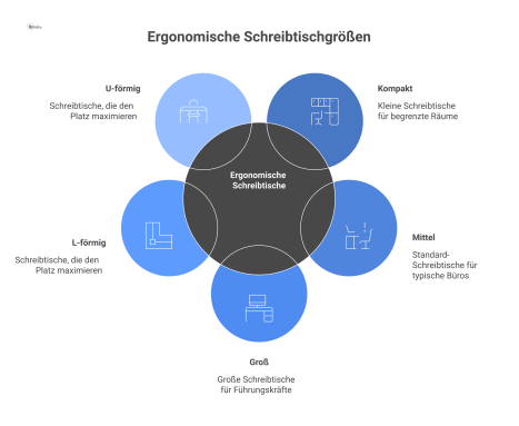  Infografik zu ergonomischen Schreibtischen, die drei Größenkategorien (Kompakt, Mittel, Groß) und zwei Formen (L-Form, U-Form) mit Icons darstellt.