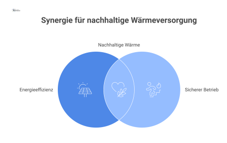 3D-Schnittansicht einer modernen Heizzentrale mit Heizkessel, Pufferspeicher und Wärmetauscher. Pfeile zeigen den Wärmefluss zwischen den Komponenten. 