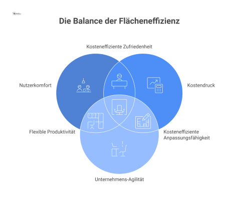 Ein Spannungsdiagramm zu den Herausforderungen der Flächeneffizienz, das die vier zentralen Zielkonflikte darstellt: Nutzerkomfort, Agilität, Nutzen und ESG-Ziele.