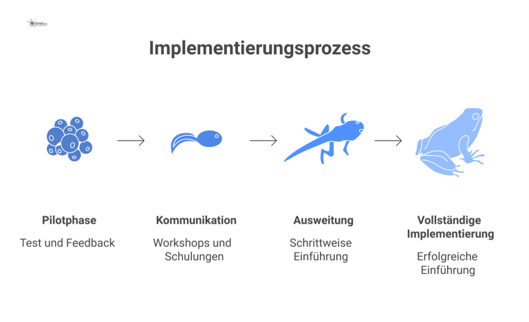Prozessdiagramm zur Implementierung Prozessdiagramm zur Implementierung mit Pilotphase, schrittweiser Ausweitung und paralleler Kommunikation, basierend auf der Unterstützung des Top-Managements.