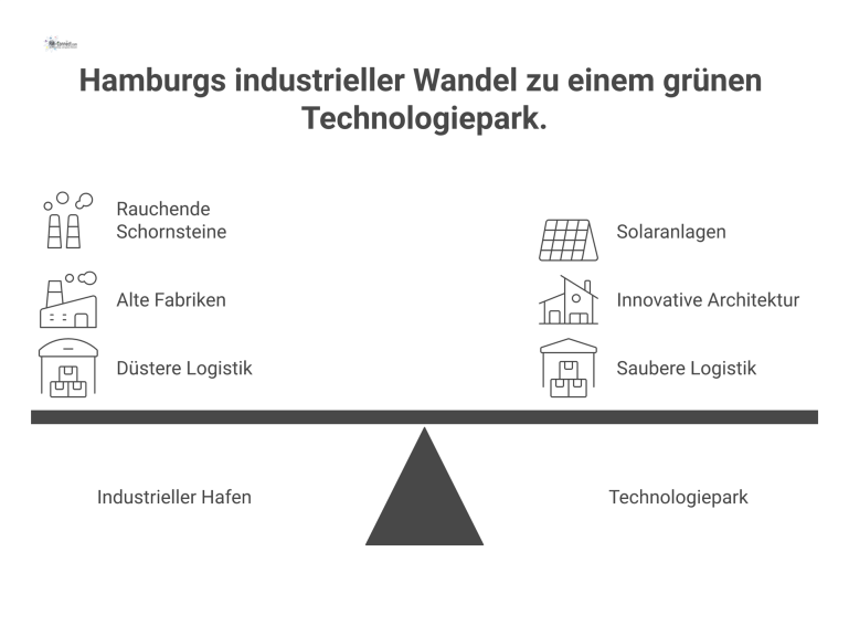 Geteiltes Bild des Wandels in Hamburg: Links ein alter Industriehafen, rechts ein moderner, grüner Technologiepark. 
