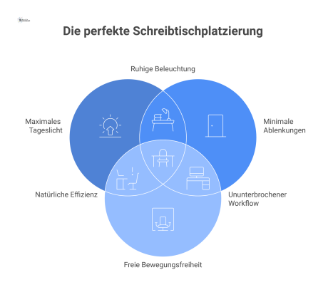  Schematische Draufsicht zur optimalen Platzierung eines Schreibtisches mit Tageslicht von der Seite und Vermeidung von Ablenkungen im Rücken. 