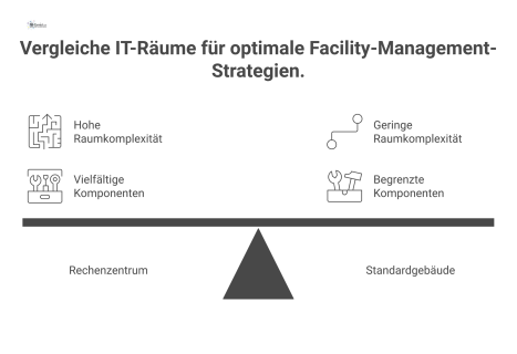  Hierarchisches Diagramm, das die IT-Räume eines Rechenzentrums denen eines Standardgebäudes gegenüberstellt, inklusive Komponenten wie Server oder Router.