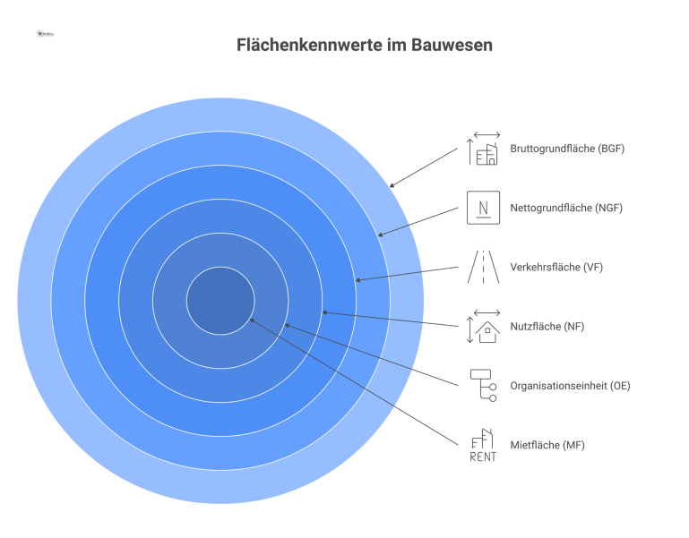 Diagramm der Flächenkennwerte im Bauwesen Diagramm, das die hierarchische Beziehung von Flächenkennwerten im Bauwesen wie Brutto- und Nettogrundfläche, Nutzfläche und Verkehrsfläche visuell darstellt.