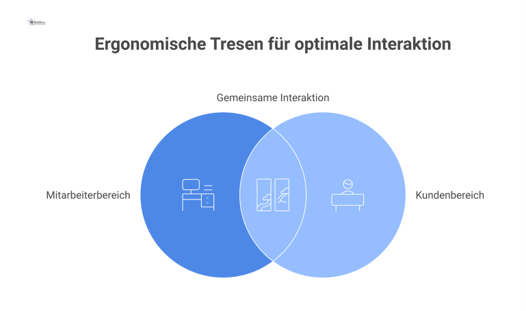 Querschnitt eines modernen, ergonomischen Tresens mit einem abgesenkten Kundenbereich und einer Trennwand aus Glas und Akustikpaneelen.