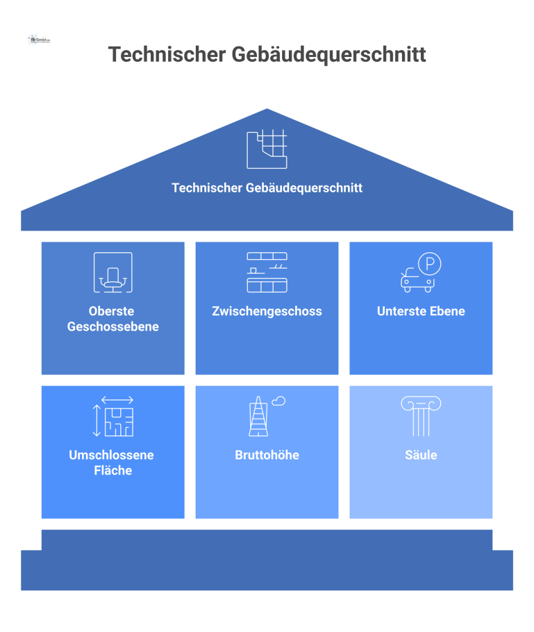 Technischer Gebäudequerschnitt zur Flächenmessung Technische Skizze eines Gebäudequerschnitts mit mehreren beschrifteten Ebenen, Säule und Bruttohöhe zur Visualisierung der Flächenmessung.