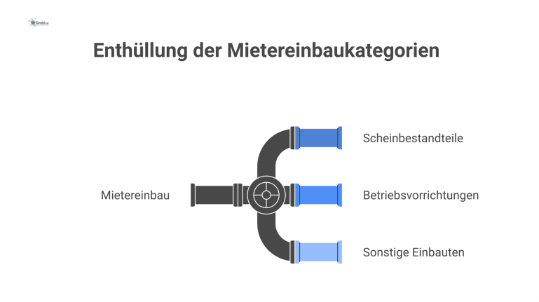 Flussdiagramm, das Mietereinbauten in Scheinbestandteile, Betriebsvorrichtungen und sonstige Einbauten unterteilt und deren rechtliche sowie steuerliche Einordnung visualisiert.